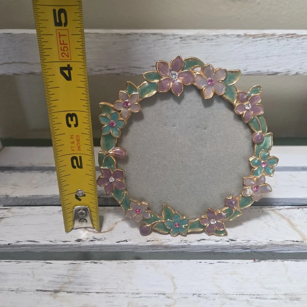 Vtg Carr Metal Purple Green Pink Enamel Jewels Floral Round Picture Frame